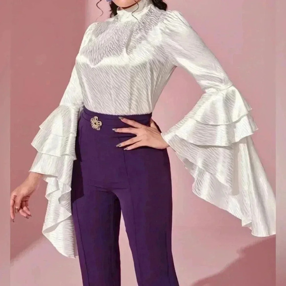 Shein Modely Jacquard White Dramatic Flounce Sleeve Blouse size S - Picture 1 of 5